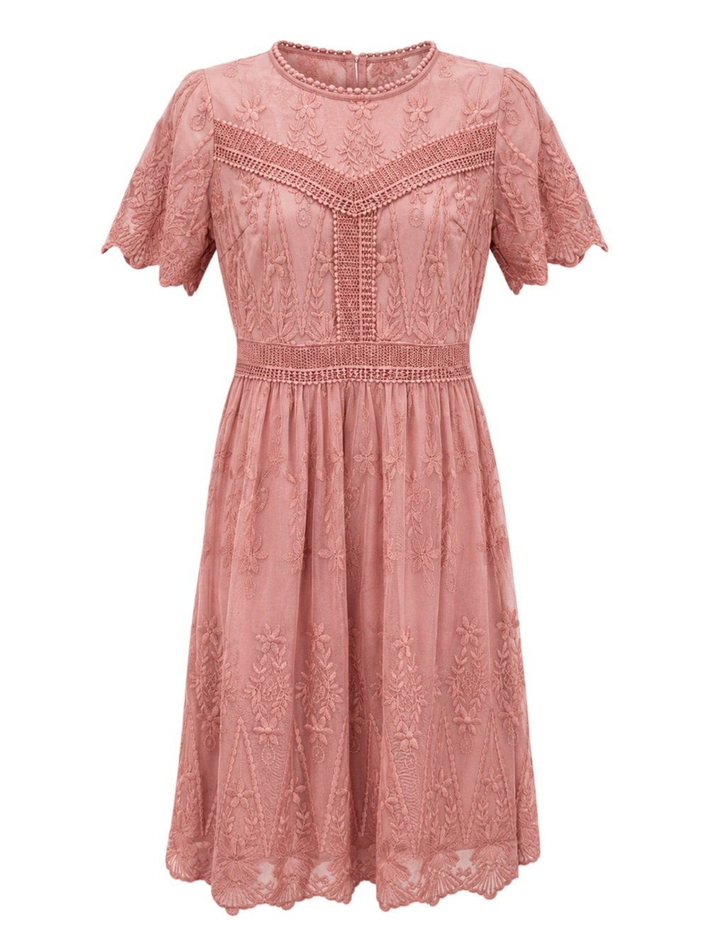 Lottie: Mauve Lace midi homecoming dress feminine embroidered lace overlay XS